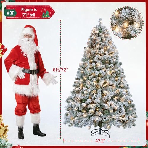 Yaheetech 6ft Snow Flocked Pre-lit Christmas Tree with 250 Warm White Lights, 820 Lush Branch Tips & Quick-Assembly Hinged Design, Full Artificial Xmas Tree for Winter Holiday Décor, Green & White - Image 4