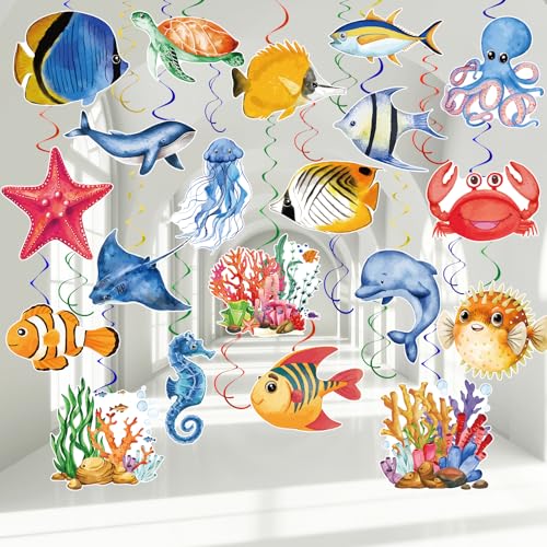 Image of 48 Pieces Sea Animals Hanging Swirl, Under the Sea Animals Fish Birthday Ocean Party Ceiling Decor Tropical Fish Beach Party Favors for Boys Girls Ocean Mermaid Creatures Baby Shower