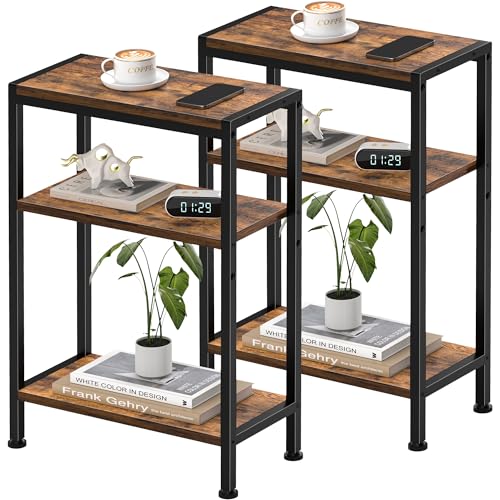 Narrow Side Table set of 2 for Small Space, 3 Tier Slim End Table, Thin Nightstand, Skinny Snack Couch Table, Sofa bedside Table in Living Room, Bedroom, Study, kitchen and Balcony (Rustic Brown)