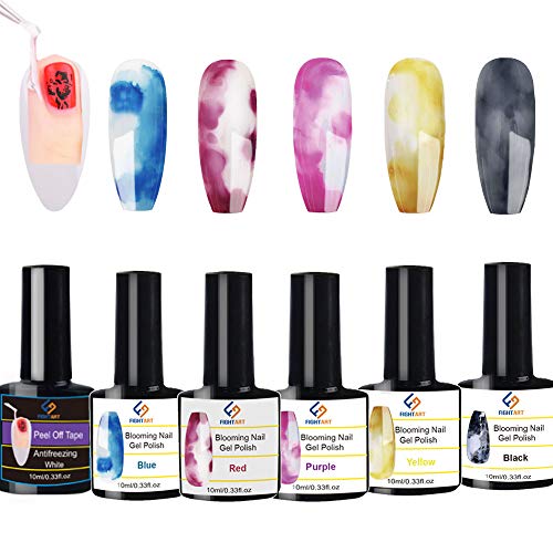 FIGHTART 5pcs Blooming Nail Polish Watercolor Ink Nail Art Flower Blossom Design + Peel Off Tape
