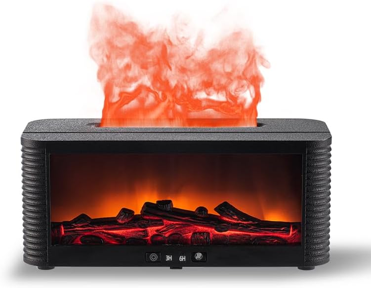 2025 Upgraded 7 Color Flame Fireplace Air Aroma Essential Oil Diffuser,USB Desktop Noiseless Cool Mist Humidifier with Timer Auto-Off Protection for Home,Office, Gift (Black)