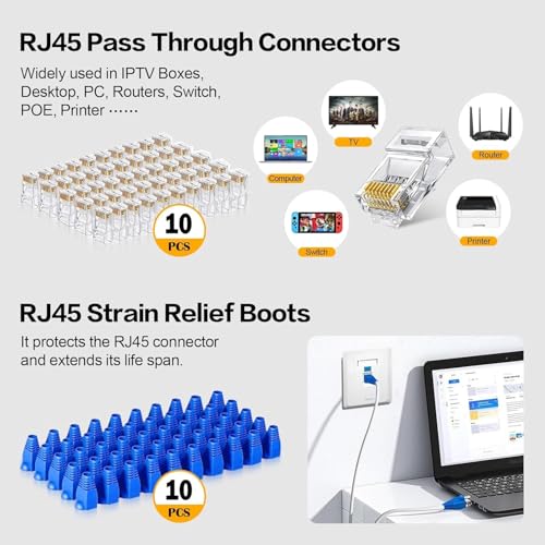 Image of XIKKART RJ45 Crimping Tool Kit with Cable Tester & 9V Battery | Pass Through Ethernet Crimper for Cat7 Cat6 Cat5e Cat5 | Network Cable Crimp Tool with 10 Cat6 Connectors & 10 Boots for LAN RJ45 RJ11