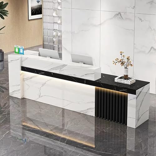 MEEYI moderner Empfangstresen Empfangstheke mit Stauraum 240x60x100cm Rezeptionstheken mit großer Arbeitsfläche Fischbauchweiß-Schwarze Steinmaserung-Rechts