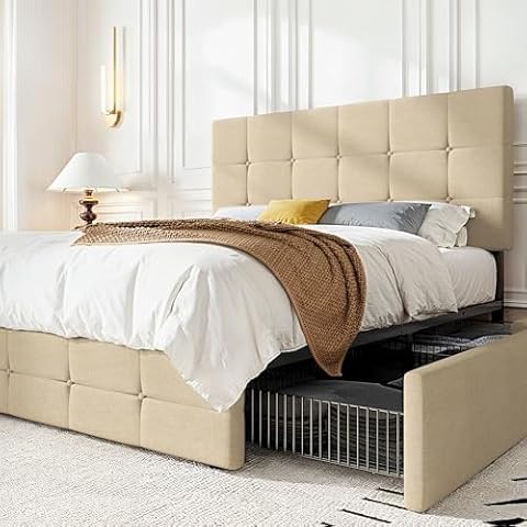 HOOMIC Queen Platform Storage Bed Frame with 4 Drawers & Adjustable Headboard, Wooden Slats, No Box Spring Needed,Square Stitched Button Tufted Design,Beige Cover