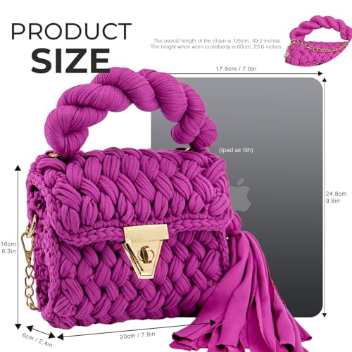 Handmade Pink Clutch Purses for Women, Crochet Crossbody Handbag for Wedding Beach, Evening Clutch Purses for Women with Tassels and Metal Chain2