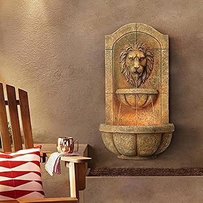 Royal Lion Head 29 1/2" High Large Italian Indoor Outdoor Decor Faux Stone Wall Fountain with Light LED Statue Waterfall Tiered Water Feature for Outside Garden Patio Yard Backyard - John Timberland