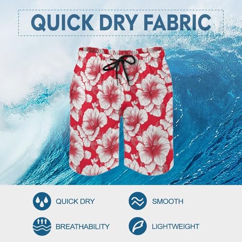 Hawaiian Shorts for Men - Comfy Tropical Red White Flowers Print Mens Swim Trunks Bathing Suits with Mesh Lining3