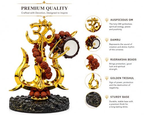 Image of Hindu Trishul Damroo Idol with Original Rudraksha | Small Murti for Car Dashboard, Home Decor, Office Table, Pooja | Spiritual Gift Item | 11 cm