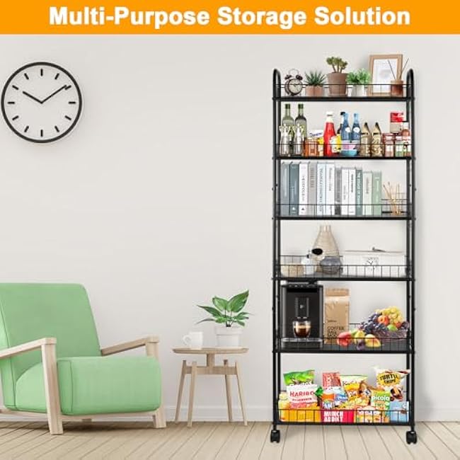 6-Tier Slim Rolling Storage Cart with Wheels Storage Carts Metal Utility Organizer, Narrow Mobile Shelving Unit for Kitchen, Bathroom, Laundry, Office (10in)-6qZTG0HF