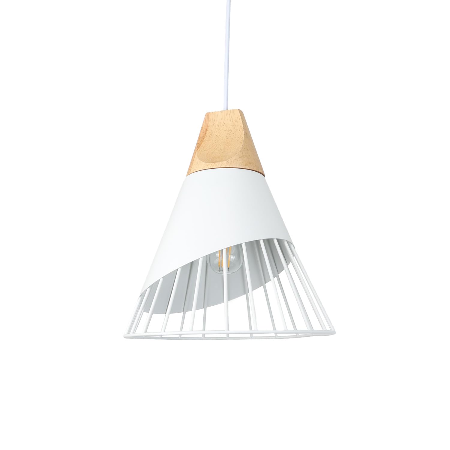Alpinaluz Lámpara Colgante de Techo en Metal Lacado Blanco y Madera Natural - Estilo Nórdico, Elegante y Minimalista para Salón y Comedor