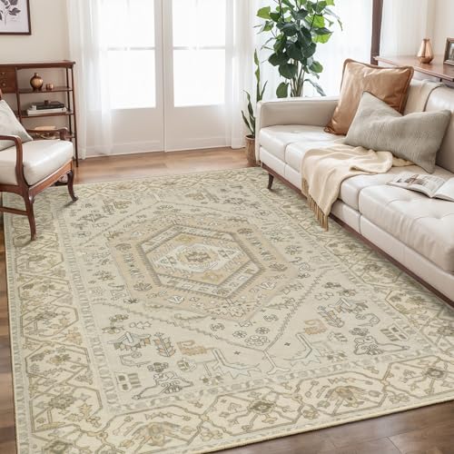 SERISSA 5x7 Boho Area Rug, Washable Non-Slip Rugs for Living Room, Large Beige Rug Ultra Soft Vintage Farmhouse Print Distressed Carpet for Bedroom Dining Room Dorm Office Home Decor
