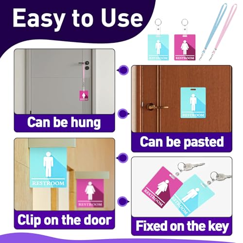 10 PCS Bathroom Passes for Classrooms Include Key Holder and Lanyard, Pink and Blue Bathroom Pass for Women Men, Bathroom Key Chain for Business School Toilet Office Restaurant Public Place