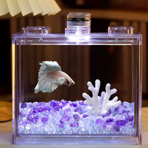 アクリルメダカ水槽 金魚鉢 ミニアクアリウム LEDライト付き 積み重ね可能なデザイン ブロック型 透明アクリル 98%透光率 デスク用 小型 水族館 観葉植物容器 魚の観賞用 水槽 12×8×10.5cm / 16×10.5×14cm (12×8×10.