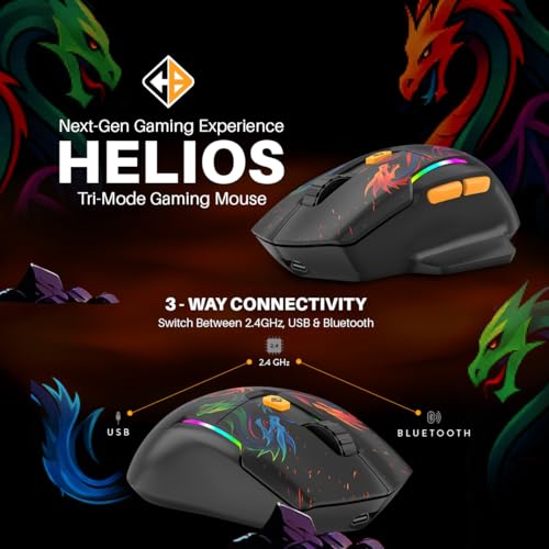 Image of Cosmic Byte Helios Tri-Mode Wired + 2.4GHz Wireless + Bluetooth Gaming Mouse | 10,000 DPI | 1000Hz Polling | Huano 10M | 5 Programmable Buttons | RGB | Lightweight 81g | PTFE | Software (Dragon Black)