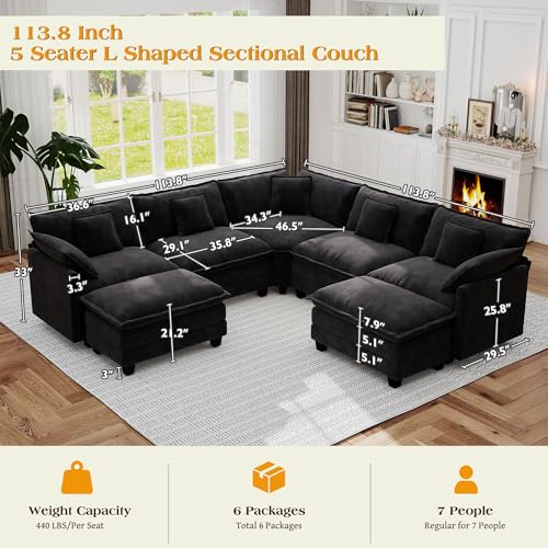 Image of 113.8 inch Modular Sectional Sofa,Cloud Couch for Living Room,Modern Deep Seat Sofa 5 Seater Chenille Fabric Comfy L Shaped Couches with Throw Pillows & Movable Ottoman for Apartment