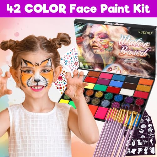 Vautvis Kinderschminke Set, Gesichtsfarben Kinderschminken Set 42 Farben Schminkpalette, 11 Berufs Pinsel, 4 Vorlagen Und 2 Aufkleber, Halloween Schminke Theaterschminke Bodypainting Farben Mädchen