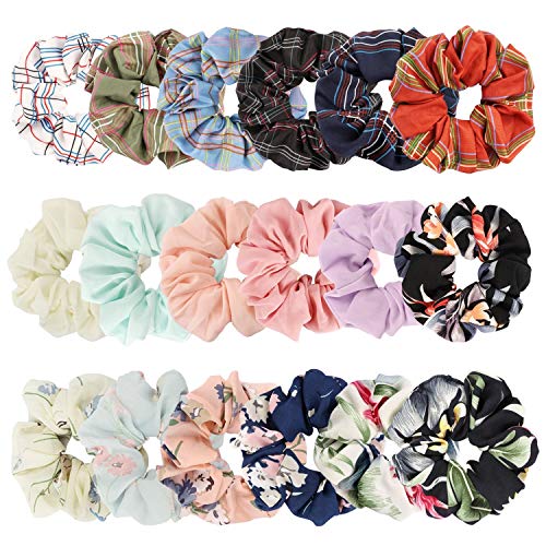 18 Pack Hair Scrunchies Elastic Hair Bands Chiffon Flower Hair Scrunchy Ponytail Tie Rope Holder for Girls, Women (7 Flower, 6 Plaid, 5 Solid Colors)