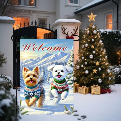Image of BlissYard Garden Flag Dog Pair Winter 12x18 Inch Polyester