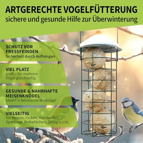 TTL Garden 2er Set 31cm Meisenknödelhalter mit Dach - Meisenknödel Halter für Wildvögel rund Ø 8 cm Stahl rostfrei grün pulverbeschichtet Futterstelle Vogelfutterspender für Garten Balkon Terrasse