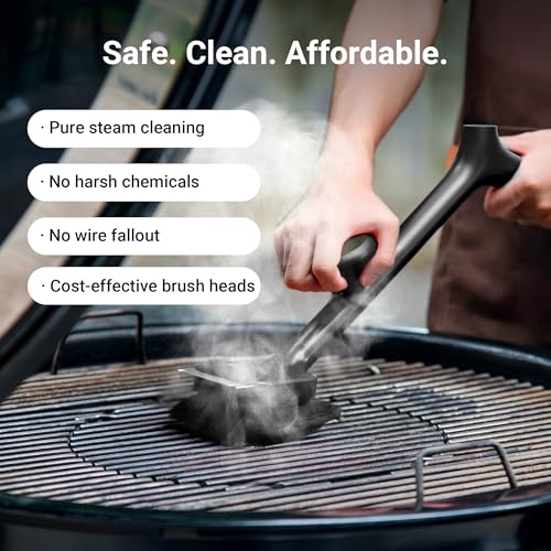 Image of ThermoMaven Grill Brush Bristle Free with 3 Replacement Brush Heads, Steam Grill Brush with Scraper, Non Metal Bristles for Cast Iron, Stainless-Steel Grates, Safe for Non-Stick Surface, Black