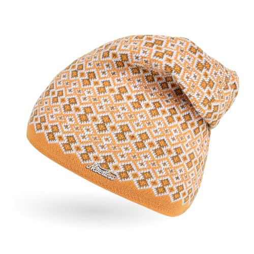Neverless® Damen Strick-Mütze Beanie gefüttert Fleece Innenfutter Winter-Mütze Rautenmuster Senfgelb Unisize