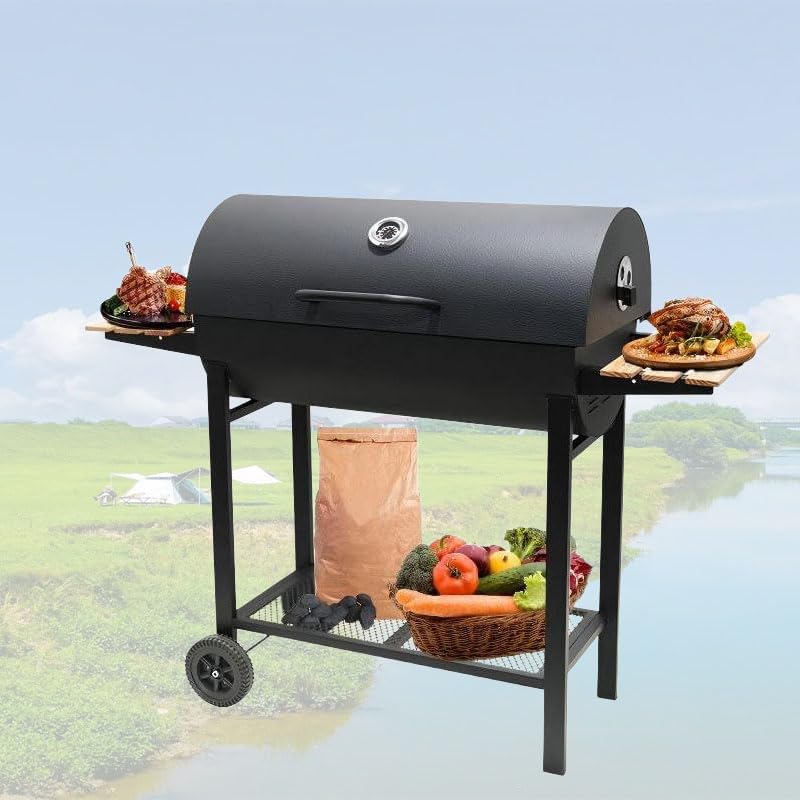 Parrilla de carbón con dos mesas laterales, parrilla de barbacoa de acero resistente para pícnics al aire libre, patios traseros y fiestas