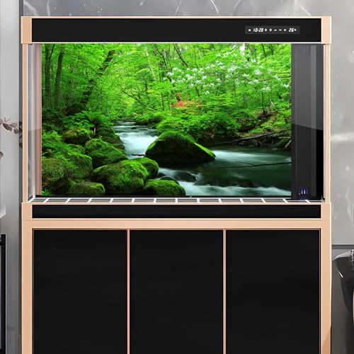 Image of Stream Aquarium Background Jungle Plants Rainforest Fish Tank Background Lush Green Trees Rocks with Moss Terrarium Background Flowing Water Natural Landscape Aquarium Backdrops Vinyl 72x24in