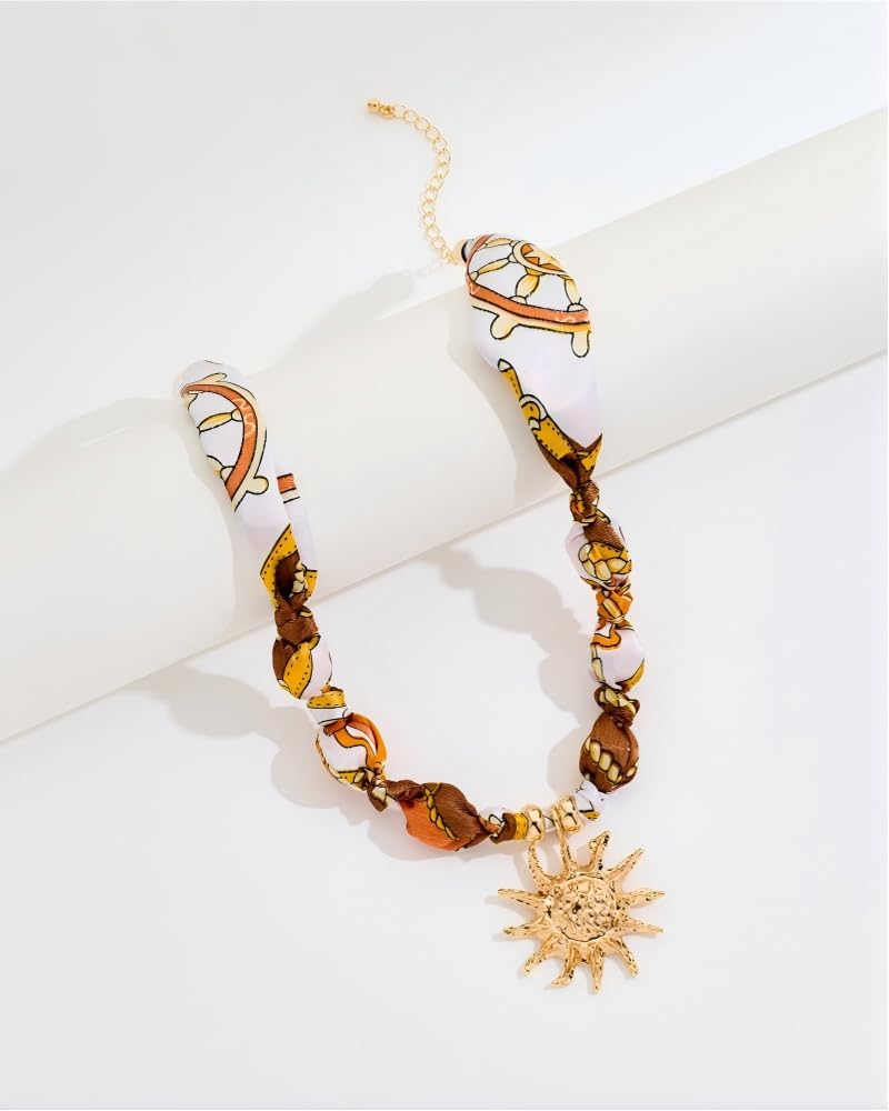 Boho Scarf Necklace With Multi Conch Shell Heart Horseshoe Fish Charms Large Sun Pendant Necklace Adjustable Bandana Necklaces for Women Summer Beach Jewelry For Vacation