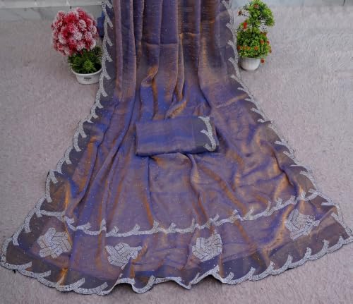 Image of Chiffon Satin Saree for Women with C Pallu PP Siroski Diamond Work, Cutwork Border & Matching Blouse Saree for Wedding, Festive and Traditional Occasions