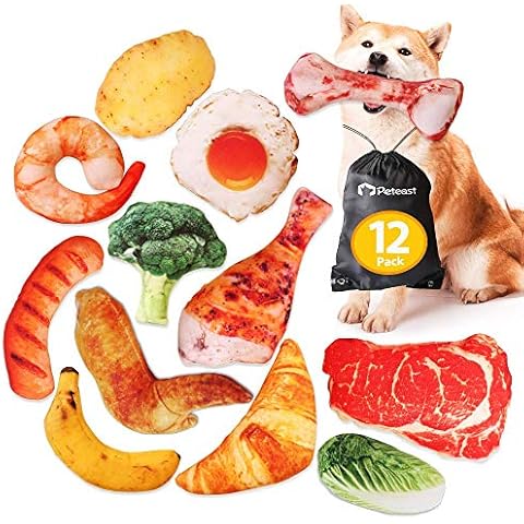 Peteast Dog Squeaky Toys, No Stuffing Squeaky Plush Fox Raccoon Squirrel, Stuffed Puppy Chew Toys, Soft Food Shape Puppy Chew Teething Rope Toys Set for S/M Dogs (12pcs, stuffed squeaky toys) Cover