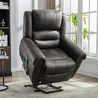 Power Lift Recliner Chairs Massage and Heat for Elderly Big People, Chair Heavy Duty Electric Faux Leather Reclining USB Port 2 Side Pockets (Brown)