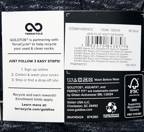 Gold Toe Men's Dress Socks, Flat Knit Crew, 6-12.5 Shoe Size, Black, 4 Pairs3