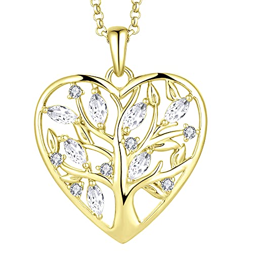 JO WISDOM Collier Pendentif Coeur Arbre de vie Argent 925/1000 AAA zirconium avec Plaqué or Jaune Femme