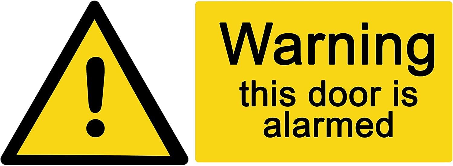 2 x - WARNING - This Door is ALARMED - Info Sign Label Removable Self Adhesive Waterproof Durable Vinyl Label Sticker 225mm x 106mm