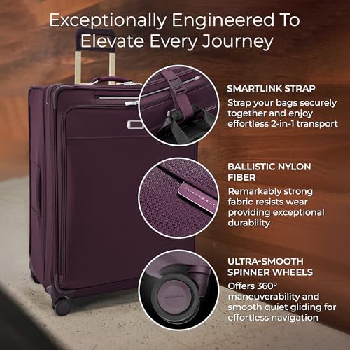Image of Briggs & Riley 31 inch Extra Large Expandable Spinner - Checked Luggage for Travel, Suitcases with Wheels, Softside Rolling Bag for Men & Women, Self-Repairing Zipper - Baseline Collection, Plum