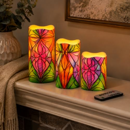 Image of Flameless Candles with Remote Timer, 3 Pack Stained Glass Pattern LED Pillar Candles, 3 inch x 4 /5 /6 inch, Warm White Flickering, Battery Operated for Christmas Wedding Home Decor