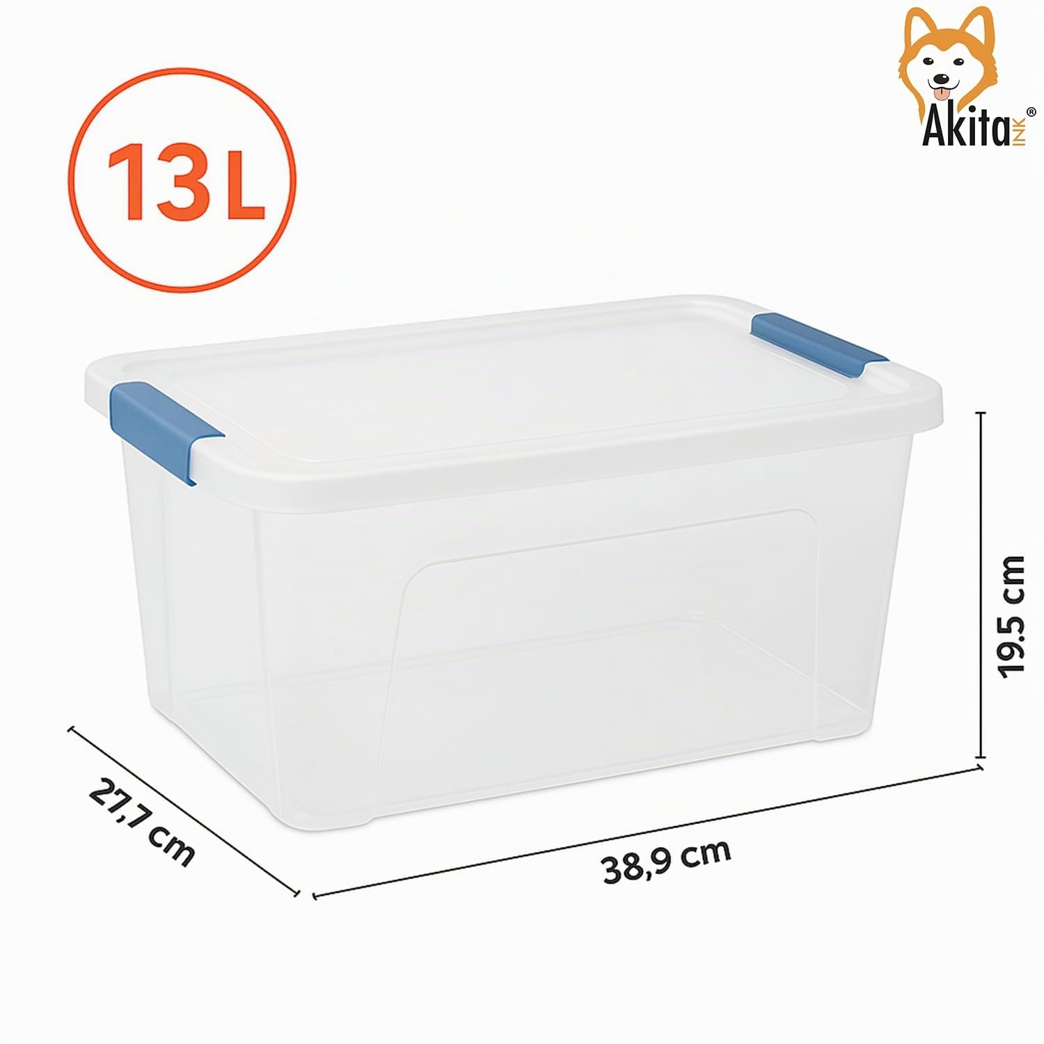 AKITAInk Set 4 Contenitori 13L Plastica Trasparenti con Clip di Bloccaggio – Scatole Salvaspazio 38.9x27.7x19.5 cm Impilabili per Casa, Ufficio, Armadi e Ripostigli