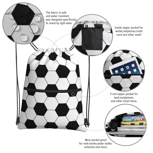 Image of Outdoor Sports Soccer Drawstring Bag, Waterproof Drawstring Backpack for Gym Sports Teams Soccer Party, Men Women Black White Durable Cinch Bag with Front Zipper Pocket and Inside Zipper Pocket