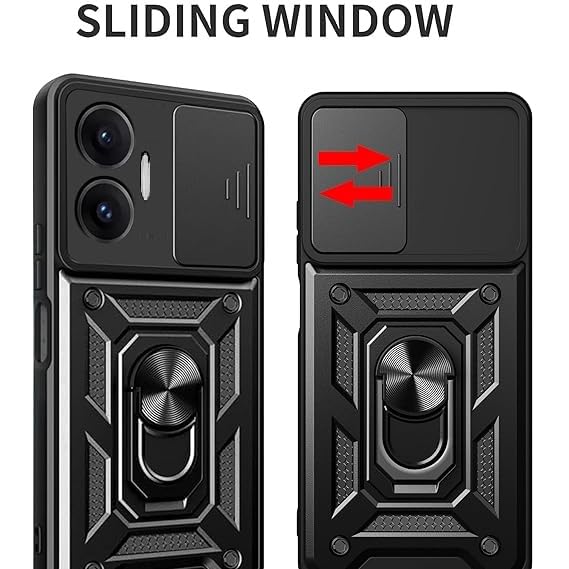 Image of SPAZY CASE Poco F7 5G Back Cover | Heavy Duty Hybrid Case with 360 Degree Rotating Finger Ring Holder + Slider Shutter Camera Protection Case for Poco F7 5G - Black