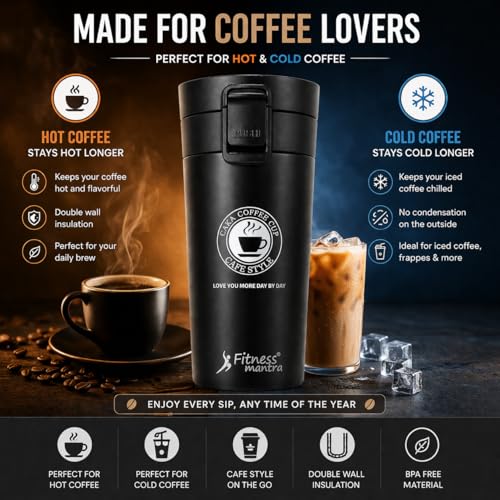 Image of Fitness Mantra Stainless Steel Coffee Mug 380ml | Double Wall Insulated Travel Mug | Leak Proof Lid | Hot & Cold Thermal Cup | Portable & Lightweight for Office, Car & Travel