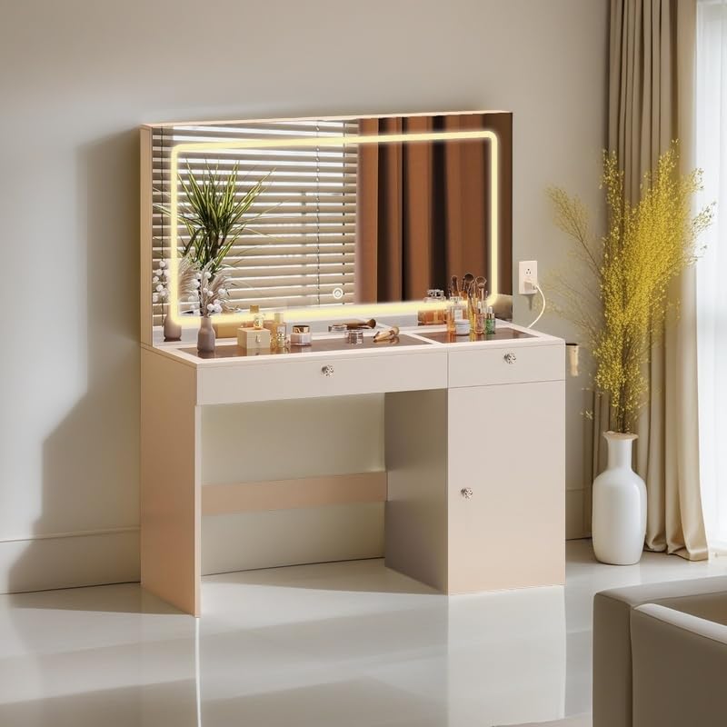 DWVO Vanity Desk with Large LED Mirror, Power Outlet, 47" Makeup Vanity Table with Mirror with 3 Lighting Modes, 4 Drawers, for Bedroom, Milky White