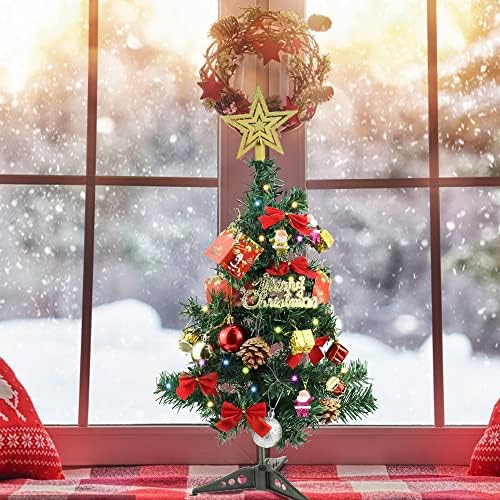 UBERMing Mini Artificial Christmas Tree 60cm Pre Lit Tabletop Xmas Tree with Multicolor LED Lights Star Tree Topper and Ornaments for DIY Desktop Christmas Decorations