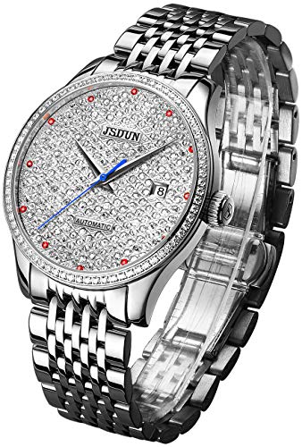 JSDUN Mens Automatic Watch Diamond Mechanical Self Winding Watches for Men Sapphire Bling Iced Out Bust Down Dail Big Face Luxury Casual Dress Waterproof Watch with Date Calendar Classic Gifts Silver
