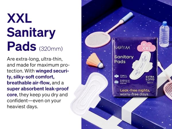 Image of Namyaa Sanitary Pads XXL 320mm - Extra Long, Ultra Thin, Winged & Leak-Proof Pads for Heavy Flow - Breathable, Rash-Free Comfort (40 Pads)