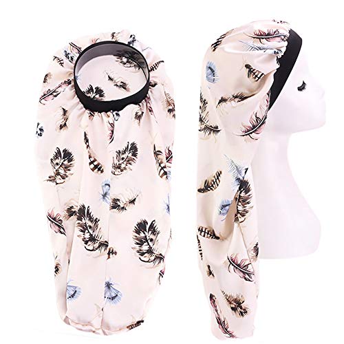 Extra Long Silky Satin Bonnet Sleep Cap Long Bonnet Cap for Braids Hair Loose Cap (Beige Feather)