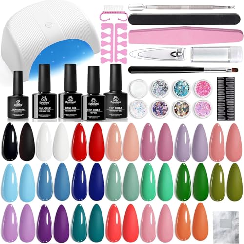 Image of Beetles Gel Nail Polish Kit with U V Light - 34pcs Gel Polish Set 20 Colors Colorful Dreamscape Pro with Nail Tips & Base Matte Top Medium Coffin Press on Nails Accessories DIY Salon Gifts for Women