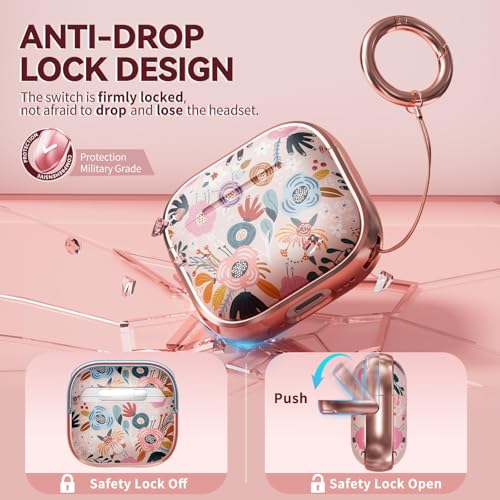 Image of Inesore for AirPods 4 Case Cover 2024 with Lock-Pink Berry Flower | Two-Piece Design,with Gold Keychain & Cleaning Pen,Support Wireless Charging,Cute Luxury Case for Women Girly