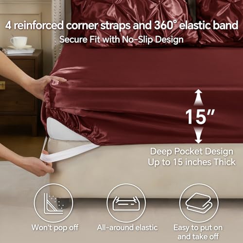 Image of BEDELITE Satin Comforter Set Queen Size, 7 Pieces Pintuck Bed in A Bag with Comforter, Flat Sheet, Fitted Sheet, Pillowcases, Shams, Soft Cozy Similar to Silk Bed Set for All Seasons (Burgundy)