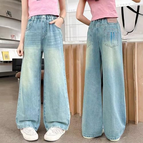 Girls Embroidered Wide Leg Jeans Elastic Waist Loose Casual Denim Pants with Pockets Comfortable Stylish Trendy4