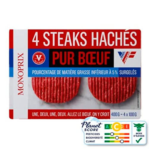 Monoprix Steaks hachés pur boeuf 5% MG, surgelés. - La barquette de 4, 400g